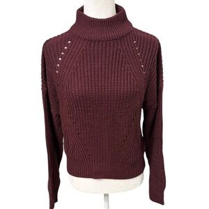 Poof Apparel Burgundy Open Stitch Mock Neck Textured Knit Sweater Size Medium